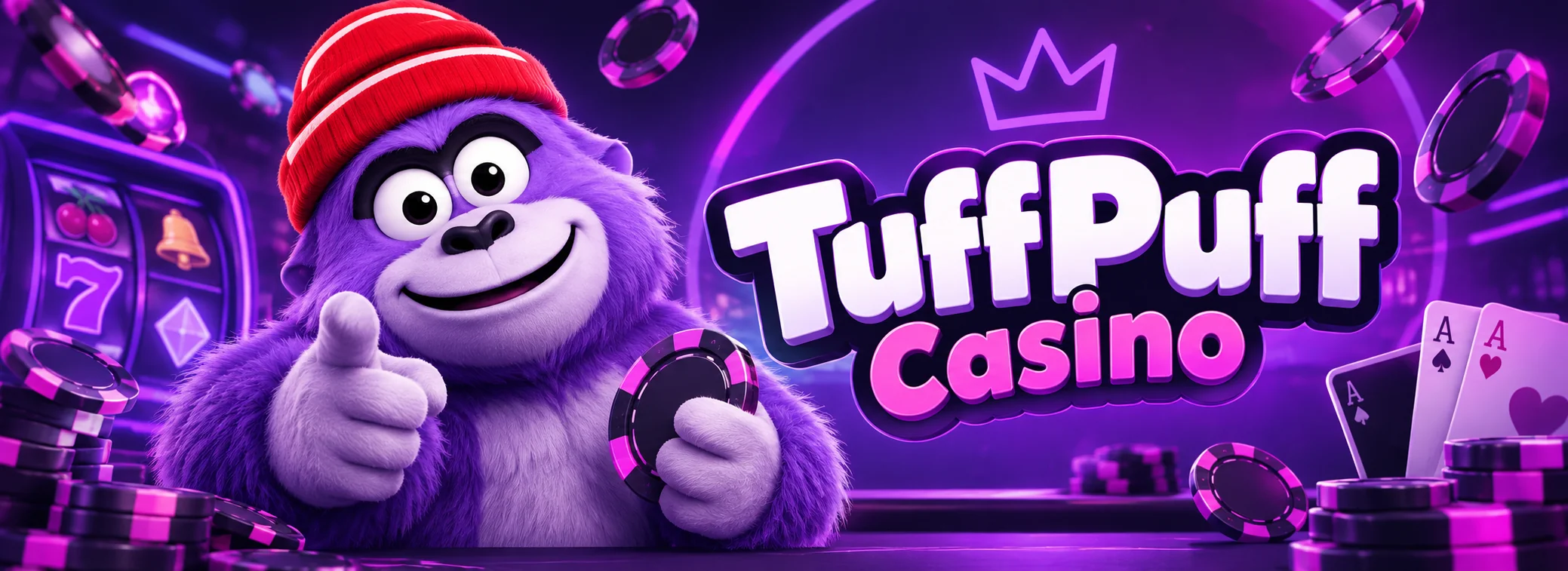 Mascotte viola di TuffPuff Casino con berretto rosso e il pacchetto di benvenuto del 240%